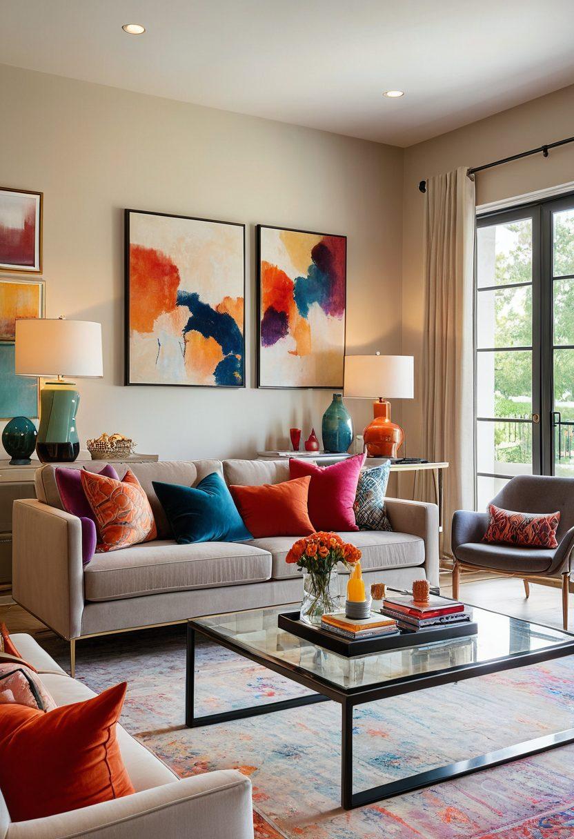 A beautifully furnished living room featuring elegant, stylish furnishings like a plush sofa, modern coffee table, and decorative lamps. Warm lighting creates a cozy atmosphere, and tasteful art pieces adorn the walls. The color palette includes soft neutrals with pops of vibrant colors. A sleek dining area in the background showcases a stylish table and chairs. Overall, the scene conveys a perfect blend of comfort and modern design. super-realistic. vibrant colors. warm lighting.