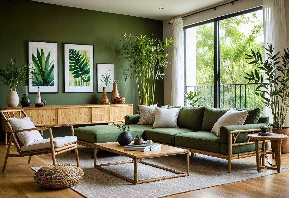 A beautifully arranged eco-friendly living space featuring modern design elements. Showcase stylish, sustainable home accessories like bamboo furniture, recycled decor items, and lush green plants. Incorporate soft natural lighting and a cozy atmosphere that invites relaxation. Include a splash of contemporary art on the walls to enhance the design aesthetic. minimalistic style. vibrant colors. soft focus.