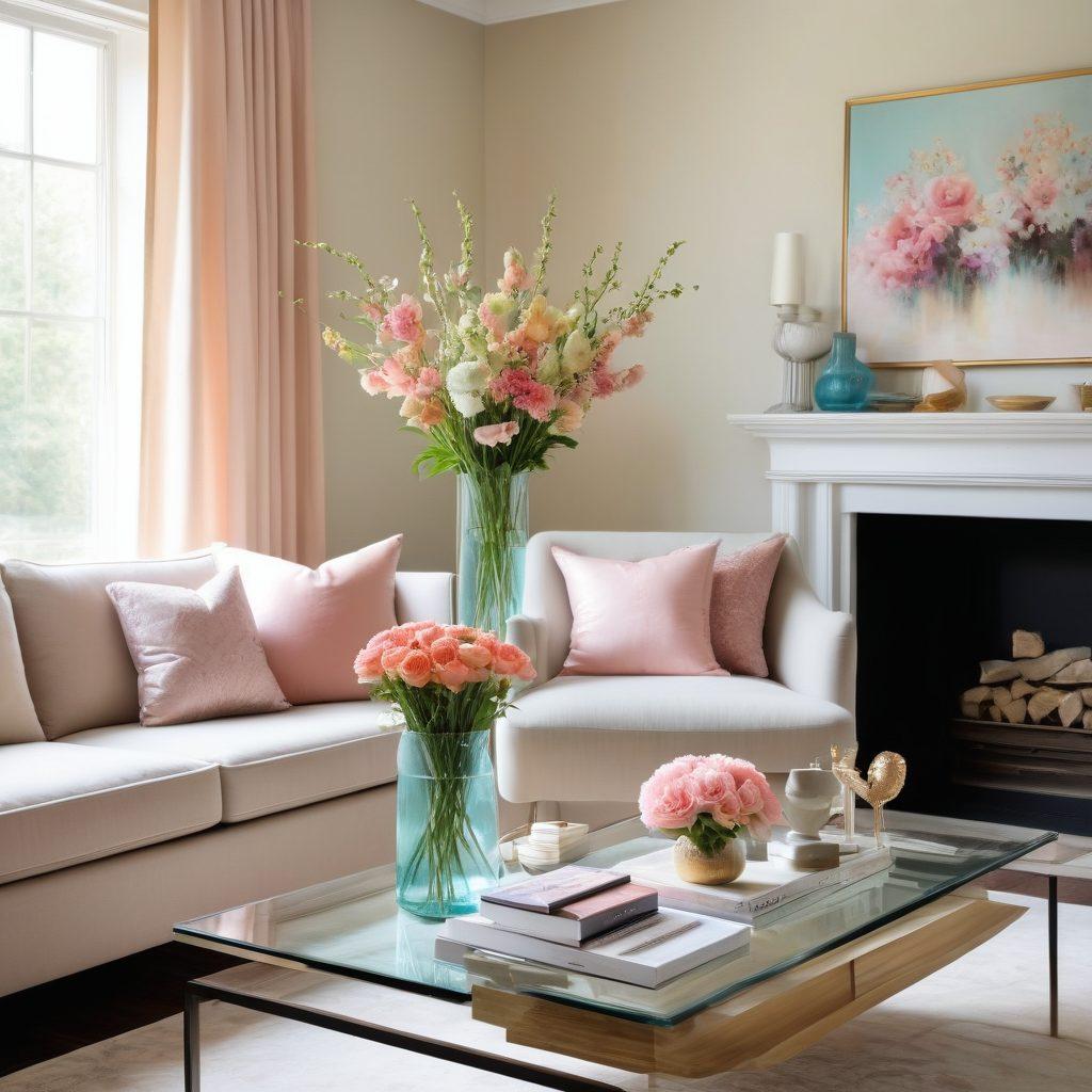 A beautifully designed living room featuring elegant furniture, soft pastel colors, and stylish decor elements like a modern vase filled with flowers. Include a cozy reading nook with a plush chair and an inviting atmosphere, sunlight streaming in through large windows, casting lovely shadows. Show artfully arranged decorative items on shelves and a sleek coffee table. painting. vibrant colors. soft focus.